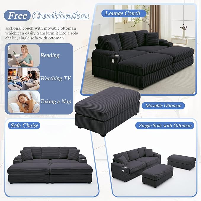 86.6 Sectional Sofa Couch with 2 Ottomans Comfy Corduroy Upholstered Cloud Modular Convertible Couch with Cup Holders and USB Armrest Storage Deep Seat Oversized Loveseat for Living Room Black