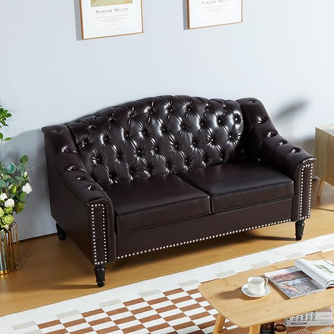 AVZEAR Chesterfield Loveseat Sofa Mid-Century Modern Upholstered PU Sofa 2 Seater Couch with Nailhead Trim and Button Tufted for Living Room Office Bedroom Brown