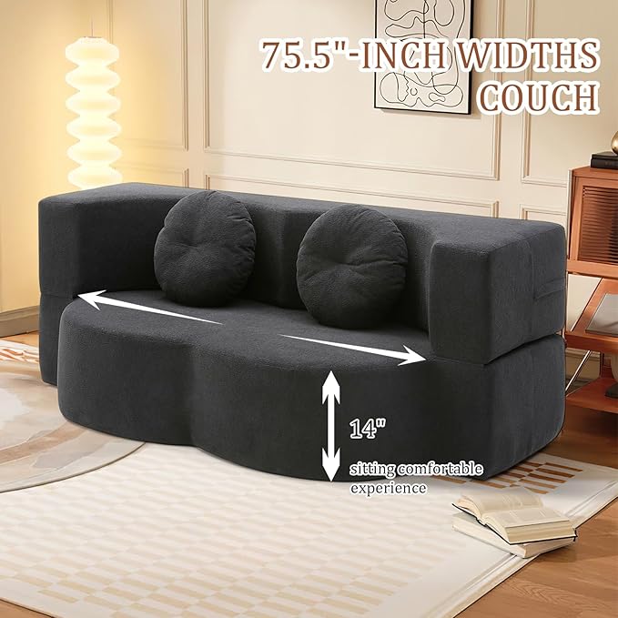 Convertible Folding Sofa Bed 75.5 Boneless Cloud Couch Loveseat Floor &amp Futon Lounge Sleeper Couches Lychee Velvet for Living Room Office Small Spaces No Assembly Required Black