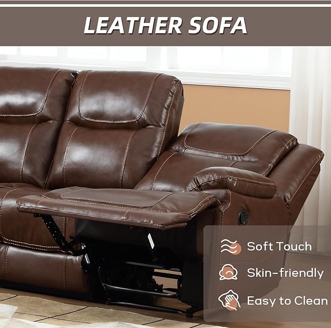 EBELLO Genuine Leather Manual Reclining Sofa 3 Seat Recliner Sofa Couch for Living Room Bedroom Furniture Meeting Room Brown