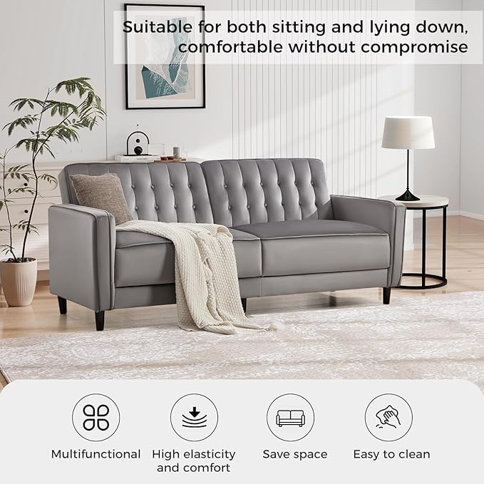 CANMOV Convertible Sofa Bed82″Fabric Futon Couch with Adjustable Backrest3 in 1 Convertible Comfy Loveseat Recliner Sleeper Sofa Bed for Living RoomGrey