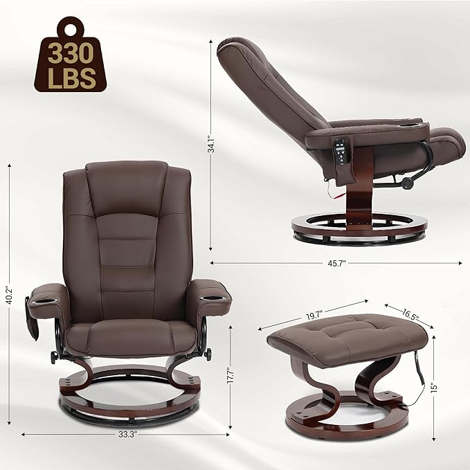 8-Point Massage Recliner with Heated PU Leather &amp Ottoman Sturdy Solid Wood Base Lounge Chair for Living Room and Bedroom Brown