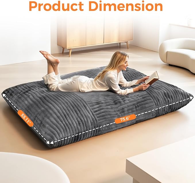 3 in 1 Giant Bean Bag Chair Convertible Bean Bag Bed for Adults and Kids Oversized Comfy Memory Foam Floor Sofa with Machine Washable Cover for Living Room Bedroom &amp Dorm(Grey)