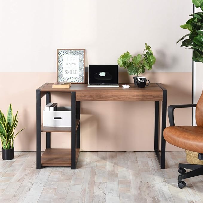 47.2 Home Office Desk/Computer Desk Storage Desk Morden Style with Open Shelves Worksation Brown &amp Black