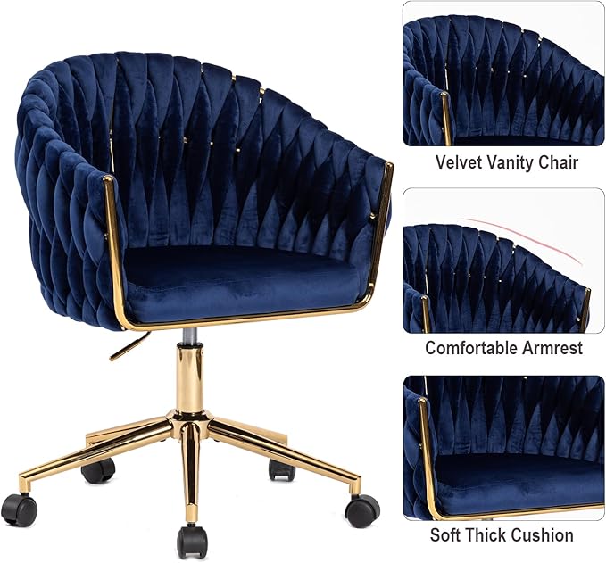 Velvet Office Chair with Back Vanity Chairs with Wheels 360° Swivel Velvet Home Office Desk Chair Accent Chair Makeup Vanity Chair for Bedroom Living Room(Blue)