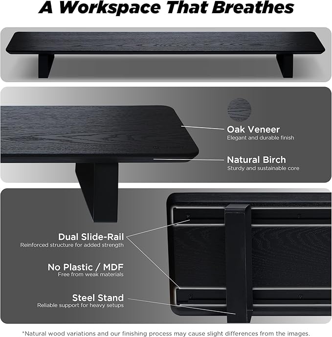 Moodular Wooden Monitor Stand 45.6” (116cm) Large Desk Organizer with Metal Slide Rails for Drawer Tray Laptop Tablet Phone &amp Headphones Customizable Riser for Organized Workspace Black