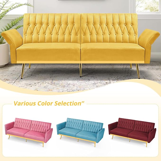 70” Velvet Futon Sofa Bed w/Adjustable Armrests &amp 2 Pillows Convertible Futon Couch w/Adjustable Backrests Modern Sleeper Bed for Living Room Bedroom Yellow