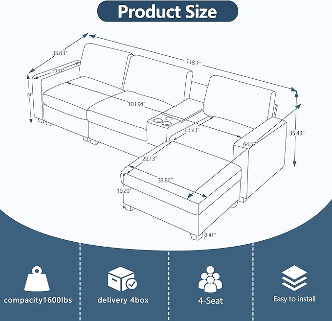 122 Sectional Couch with Console&amp Cup HoldersL Shaped Couch with Convertible Chaise4 Seat Sofa W/Storage OttomanCouches for Living Room and Apartment (Green)