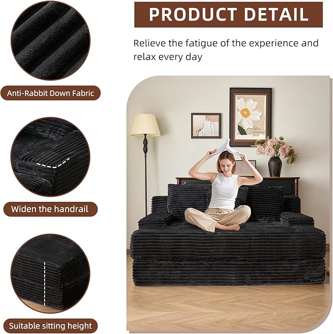 67'' Chaise Lounge Chair Indoor Oversized Upholstered Sofa Bed Modern Deep Seat Sofa Comfy Corduroy Sleeper Couch for LivingroomBedroomNo Assembly (Black)