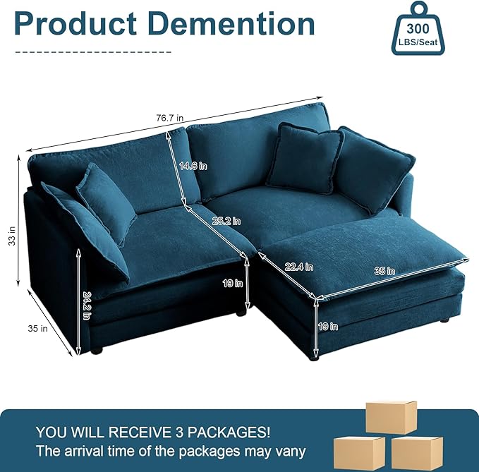 76.7 L-Shaped Modular Sectional Sofa 2 Seater Chenille Loveseat with Ottoman Blue Deep Seat Cloud Couch for Small Living Room Apartment Easy Assembly &amp Clean Flexible Combination
