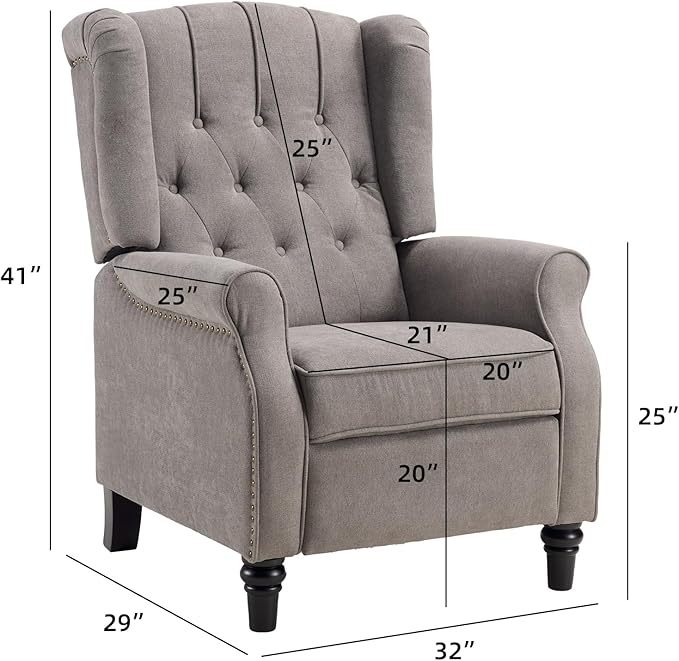 Bonzy Home Push Back Recliner Chair Mid Century Modern Wingback Chair Comfy Armchair Fabric Living Room Chairs with Rivet Decoration Button-Tufted Back Solid Wood Legs Gray