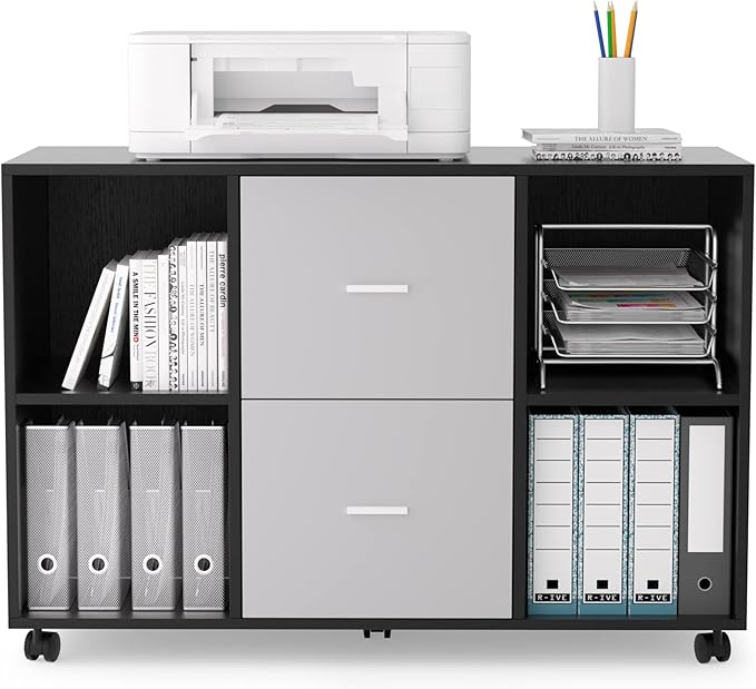 Mobile Wood Filing Cabinet with 2 Drawers and 4 Open Storage cabinets and Wheels for Home Office Black Oak Light Grey