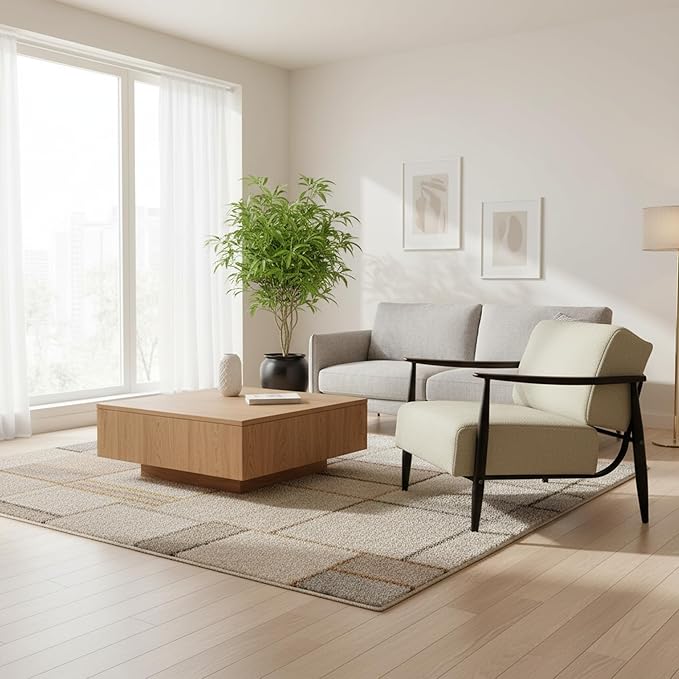Homy Casa Mid-Century Modern Accent Chair with Fabric Upholstery Solid Wood Armrests and Sturdy Metal Frame Comfy Lounge Chair for Living Room Bedroom Reading Corner or Office – Beige/Walnut