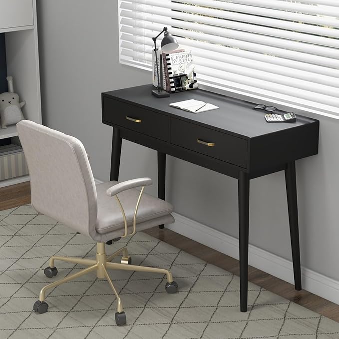 Black Small Writing Desk with Drawers 40 Inch Writing Desk for Home Office Vanity Desk with Solid Wood Leg for Small Spaces