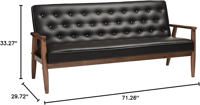 Baxton Studio Sorrento Mid-Century Retro Modern Faux Leather Upholstered Wooden 3-Seater Sofa Black