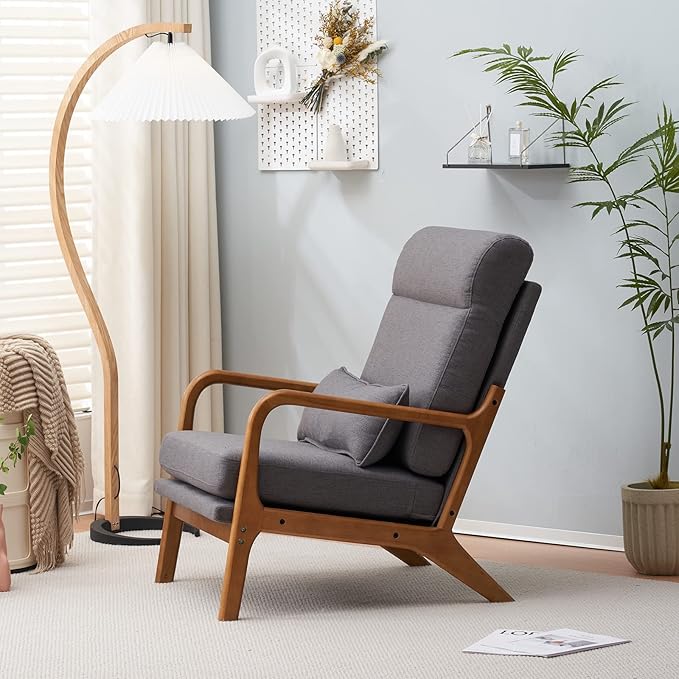 JOYBASE Lounge Accent Chair Mid Century Modern Chair High Back Chair Wood Frame Armchair Comfy Reading Chair for Living Room Office Bedroom (Dark Grey Fabric)