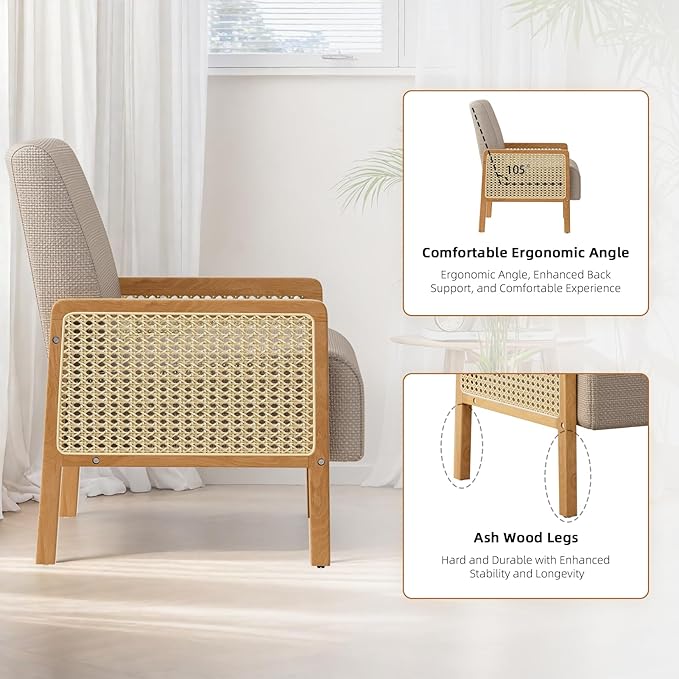 Rattan Accent Chair Set of 2 with Rattan Arms Mid Century Modern Chair for Living Room Linen Upholstered Comfy Chair for Bedroom Reading Room Home Office Brown