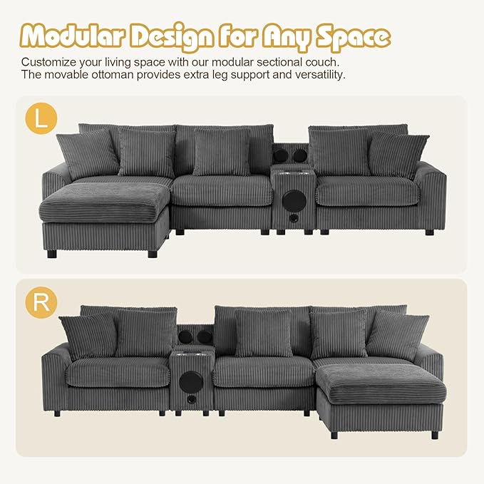 114 Corduroy Modular Sectional Sofa with Bluetooth Speakers &amp USB Ports Deep Seat L Shaped Couch with Storage Console Cup Holders Movable Ottoman Cloud Comfy Gaming Sofa for Living Room (Gray