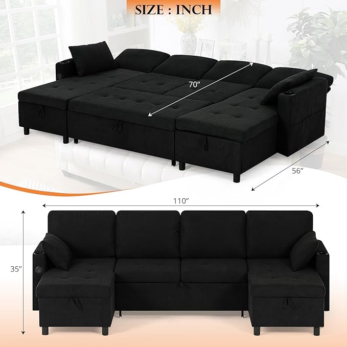 110 Inch Sleeper Sofa Bed w/7 Angles Adjustable Backrests Fabric sectional Sofa Bed w/USB Port Convertible U-Shaped Couch Bed w/Storage Chaise &amp Thicker Cushions for Living Room Black