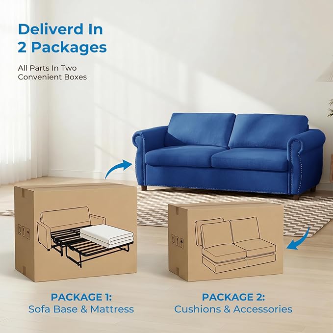 Mjkone 2 in 1 Pull Out Sofa Bed Full Size with Tri-Folding Mattress Convertible Sleeper Sofas Couch with Pullout Bed Pull Out Couch Beds with Nailhead Armrests for Living Room Home Office Blue