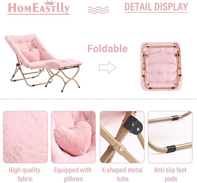 Comfy Saucer Chair with Ottoman Oversized Folding Faux Fur Chair Soft Furry Lounge Lazy Chair with Metal Frame Moon Chair Accent Chair for Bedroom Living Room Dorm Rooms