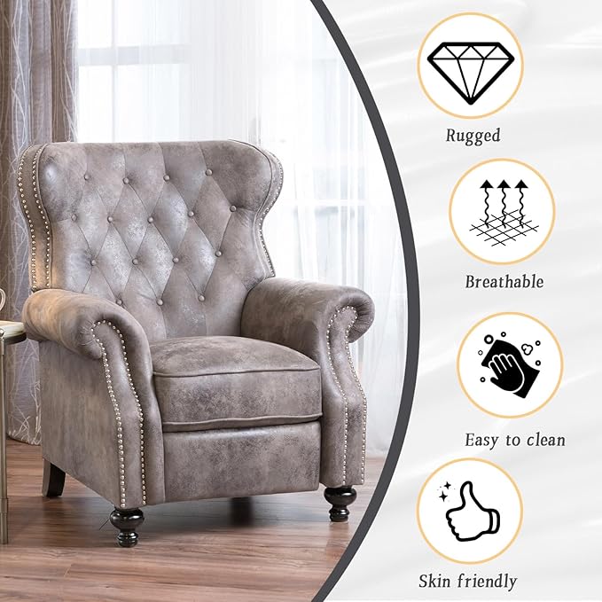 Push Back Recliner Chair Mid Century Wingback Recliner Accent Chair with Rivet Decoration Fabric Push Back Single Sofa for Living Room Adjustable Backrest (Brown Gray)