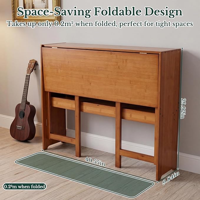 41'' Bamboo Folding Desk with Bookshelf Space-Saving Computer Desk Mid Century Modern Foldable Study Table for Home Office Bedroom Small Spaces - Brown