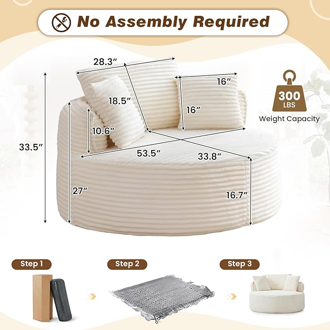 53W Oversized Round Chaise Longue Chair IndoorCorduroy Fluffy Comfy Cloud ChairCircle Bean Bag Sofa with Foam Filling &amp PillowsBoneless Reading Cozy Sofa Chairs for Living RoomBedroomWhite