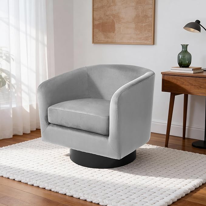 Swivel Barrel Accent Chair Modern Round Chenille Fabric Arm Chair for Living Room Bedroom Comfy Club Reading Chairs for Adults（Velvet Grey Set of 4