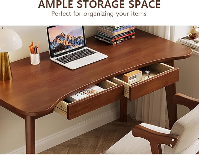 Computer Desk with 2 Drawers Modern Home Office Desk Study Table Curved Solid Wood Writing Desk(47 Inch Natural)