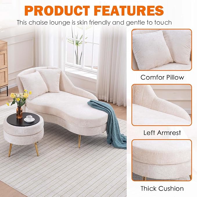 Chaise Lounge Chair Indoor Chenille Upholstered Chair with Left Armrest &amp Pillow Modern Lounge Chairs Sofa with Footstool for Living Room Bedroom Office (Beige)