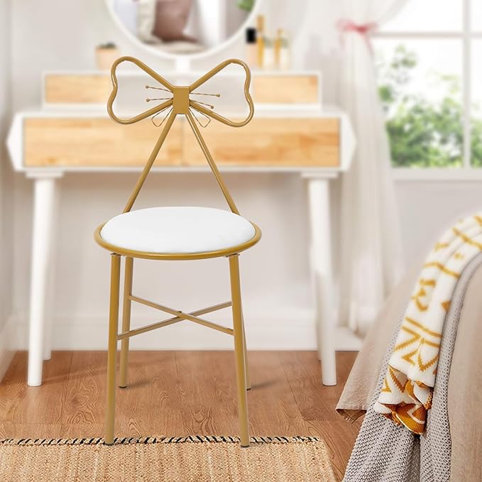 Modern Vanity Chair Stool Cute Butterfly Makeup Chair with Backrest Creative Gold Metal Bow Chairs for Living Rooms Bedrooms Kitchen Terraces Office (White)