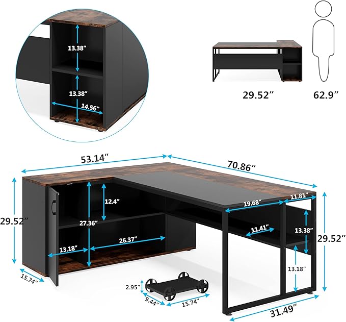 Tribesigns 71 L-Shaped Executive Desk Large Office Desk with Lateral Cabinet and Open Shelves Industrial Computer Table for Home Office Walnut &amp Black