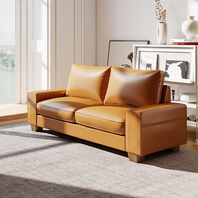 Modern Faux Leather Loveseat Sofa Compact Small Couch with Spring Cushions &amp Solid Wood Frame Easy-Clean Removable Cover Living Room Office Apartment Furniture (71.25 Brown)