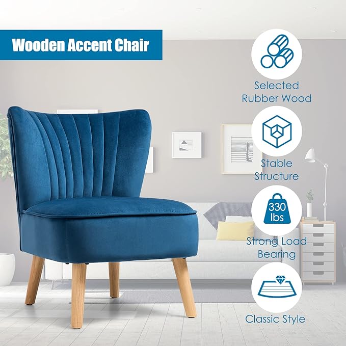 KOTEK Velvet Accent Chairs Set of 2 Modern Armless Accent Chair w/Solid Rubber Wood Legs Upholstered Side Chair Club Sofa Chair Slipper Chair for Living Room Bedroom (Blue)