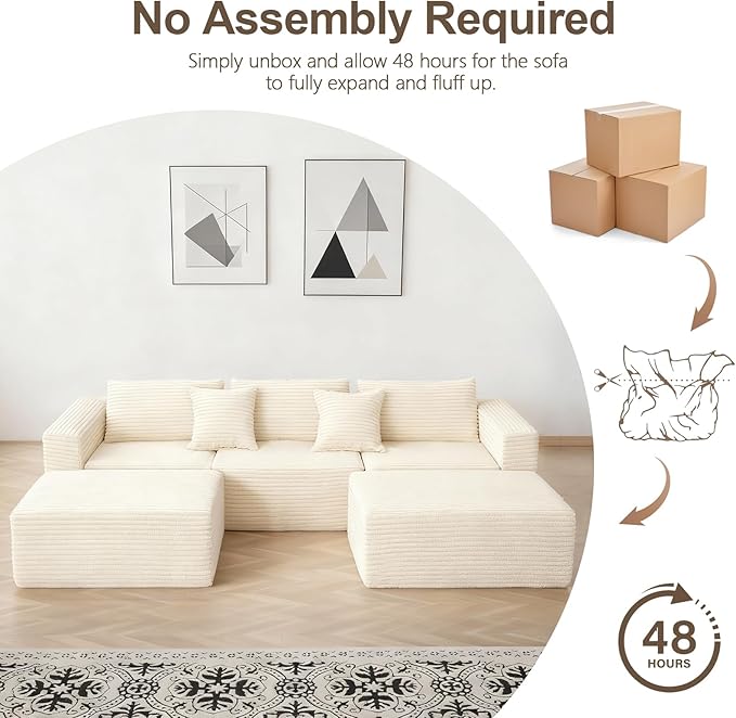 110 Corduroy Boneless Modular Sectional Sofa Cloud Couch with Memory Foam Deep Seats U-Shaped Couches for Living Room Bedroom and Apartment No Assembly Required Beige