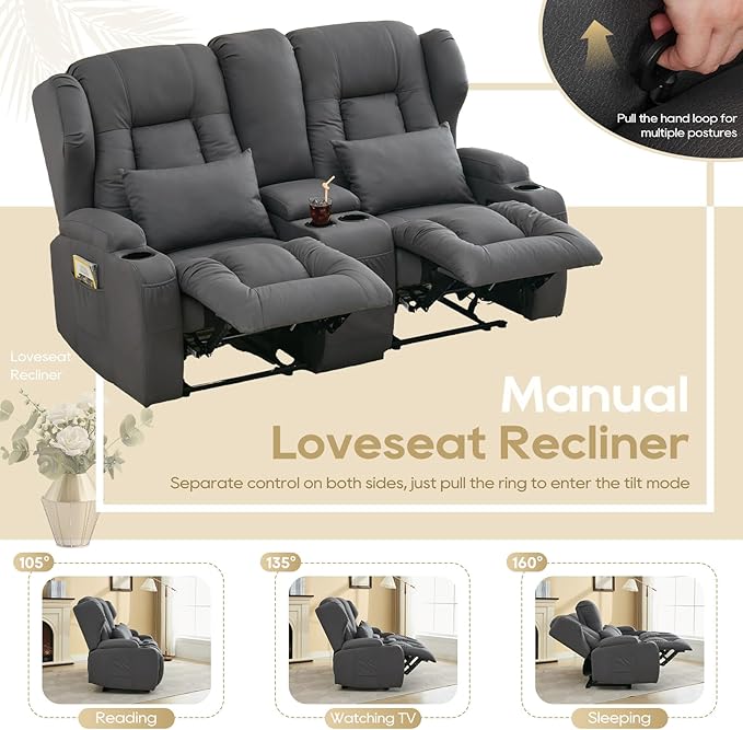 IPKIG 65 Loveseat Recliner Sofa - 2 Seater Reclining Sofa with Storge Console Side Pockets Cup Holders and Lumbar Pillows Manual Recliner Chair (Grey 65 Loveseat)