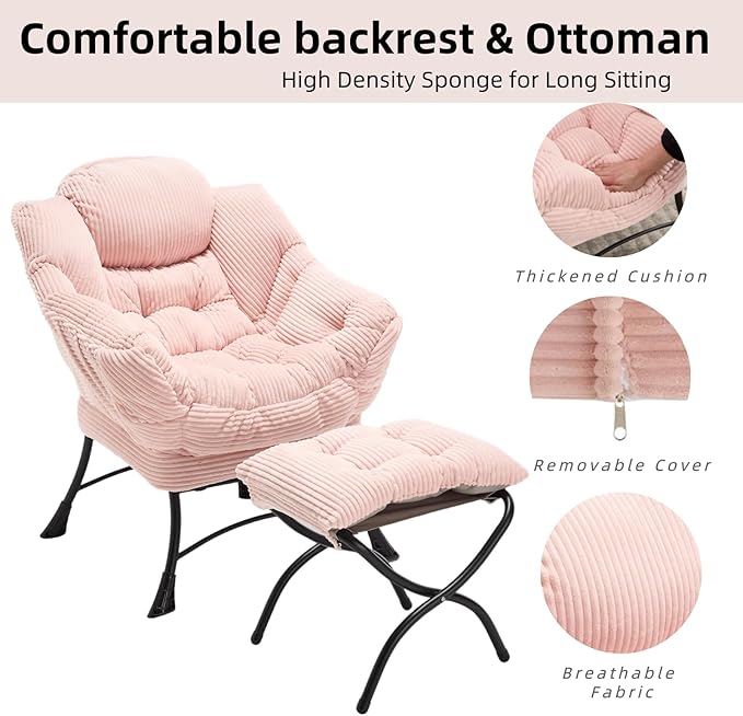 Modern Lazy Chair with Ergonomic Ottoman Comfortable Lounge Chair with Footrest for Space Saving Comfy Reading Armchair for Living Room Bedroom Office Pink