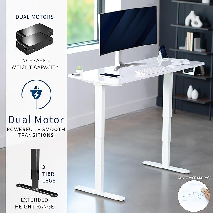 VIVO Electric 60 x 24 in Dual Motor Sit Stand Desk Memory Height Adjustment 2B Series White Dry Erase Top White Frame DESK-KIT-2W6WE