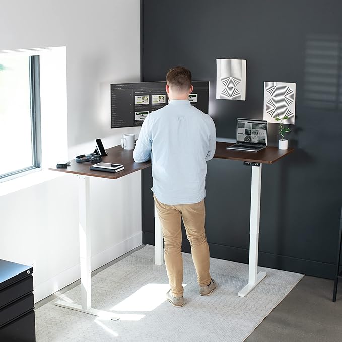 VIVO Corner Standing Desk 63 x 55 inch Reversible L-Shaped Workstation Electric Height Adjustment Home Office and Reception Rooms Dark Walnut Table Top White Frame DESK-E3CTWD