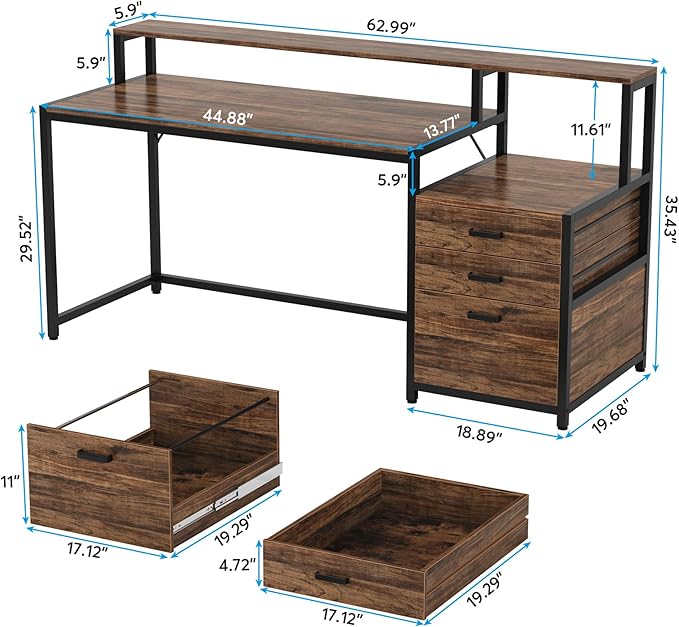 Tribesigns 63 Inch Computer Desk with File Drawer Cabinet Ergonomic Office Desk with Monitor Stand Industrial Computer Table with Printer Space Wood PC Table Workstation Desk for Home Office