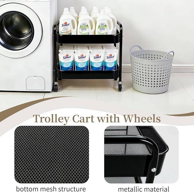 2 Tier Rolling Cart with Wheels for Under Desk Storage &amp Pantry Room Large Capacity Laundry Room &amp Makeup Organizer Sturdy Kitchen Utility Cart for Small Space with 4 Hooks Black