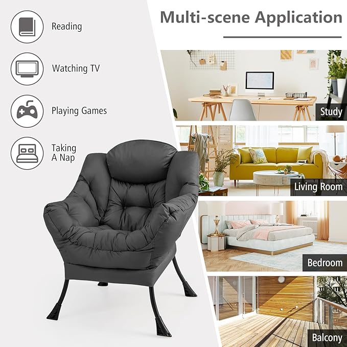 GORELAX Lazy Chair with Ottoman Modern Accent Chair w/Armrests &amp Side Pocket Upholstered Lounge Sofa Chair &amp Folding Footstool Set Reading Chair for Bedroom Living Room Dorm Room (Grey)