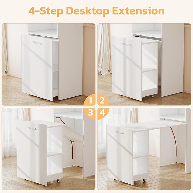 Folding Desk with Storage Convertible Table with Shelves &amp Wheels Craft Cabinet with Fold Out Table Compact Computer Desk for Small Space Reversible L Shaped Desk - White