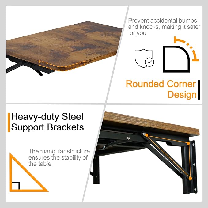 TEAMIX Wall Mounted Folding Table Rustic Brown Floating Desk for Small Spaces Laundry Shelf with Heavy Duty Brackets Floating Desk for Garage Utility Room Kitchen Laundry Room