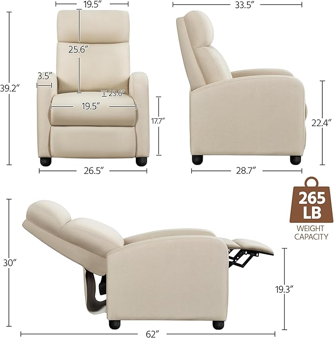 Yaheetech Modern Fabric Recliner Chair Sofa Adjustable Single Sofa with Thicker Seat Cushion and Backrest for Living Room Home Theater Beige