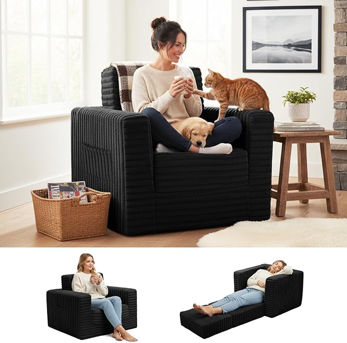 Welnow Folding Sofa Bed with Ottoman Convertible 2-in-1 Boneless Couch Futon Lounge Chair Bed for Adults Comfy Fold Out Sleeper Sofa for Small Spaces Living Room Bedroom or Dorm Black