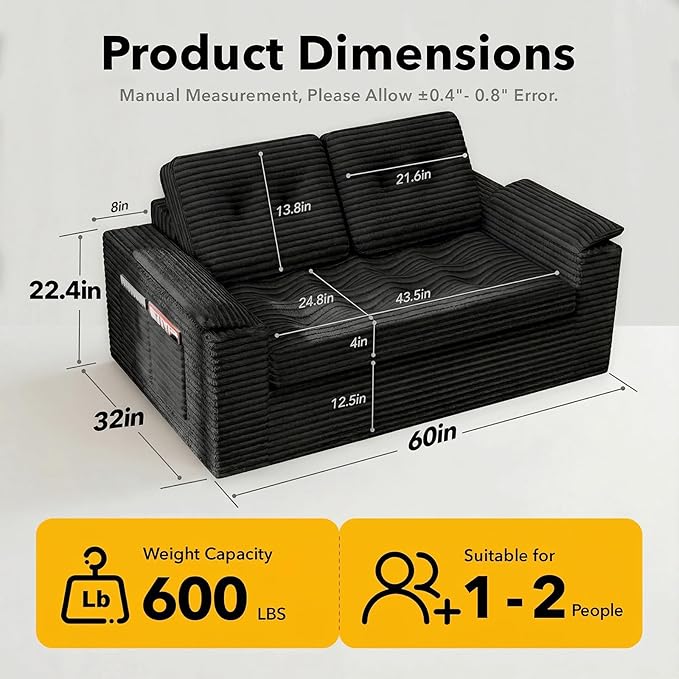 Boneless Loveseat Sofa 60in Cloud Couch Sofa for Living Room 2 Seater Modern Lounge Sleeper Couch with Removable Cover Corduroy with Armrest Seat Cushion &amp Pillows for Small Spaces Black