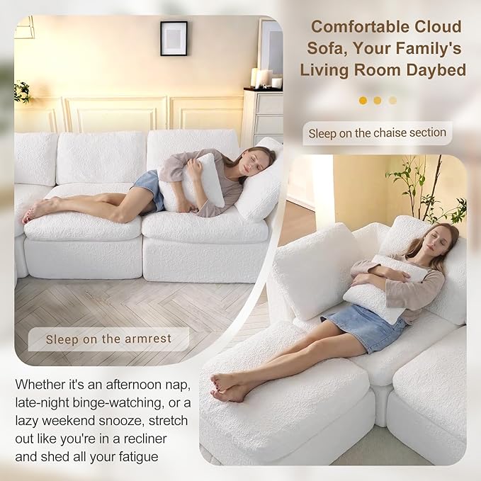 Cloud Sectional Couches 108 Boneless Sofa Bed Modular Sectional Sofa for Living RoomFreely ConfigurableDeep SeatingNon-Slip Bottom No Assembly Required(White3 Seater+3 Ottoman)