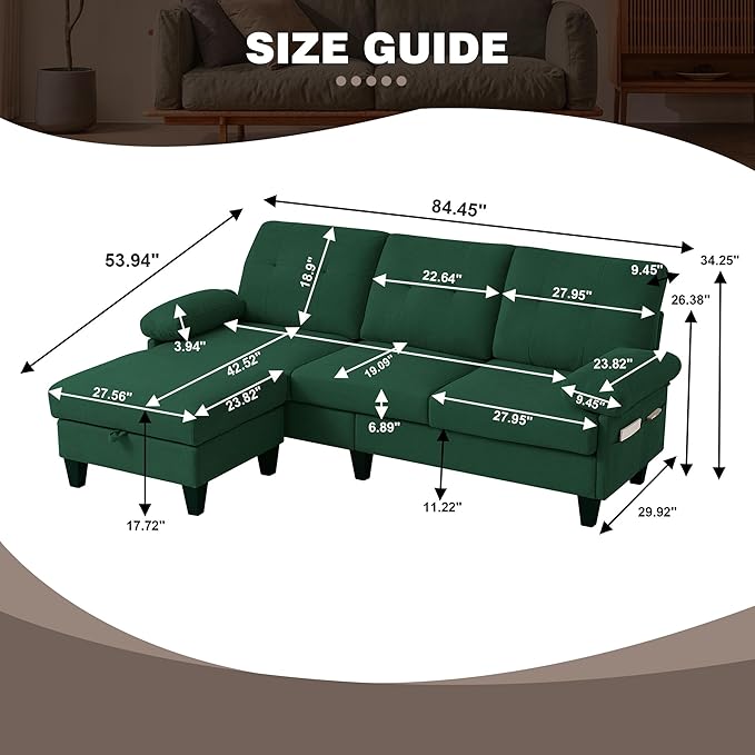 85 Convertible Sectional Sofa with Storage L Shaped 3 seat Couch with Reversible Chaise Polyster Fibre Sofa for Living RoomApartment and Small Space Green